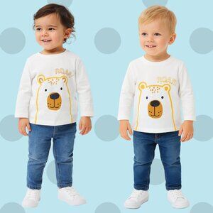 🐻 George Toddler Long Sleeve Tee – White “ROAR” Bear Graphic Top (Size 2T)